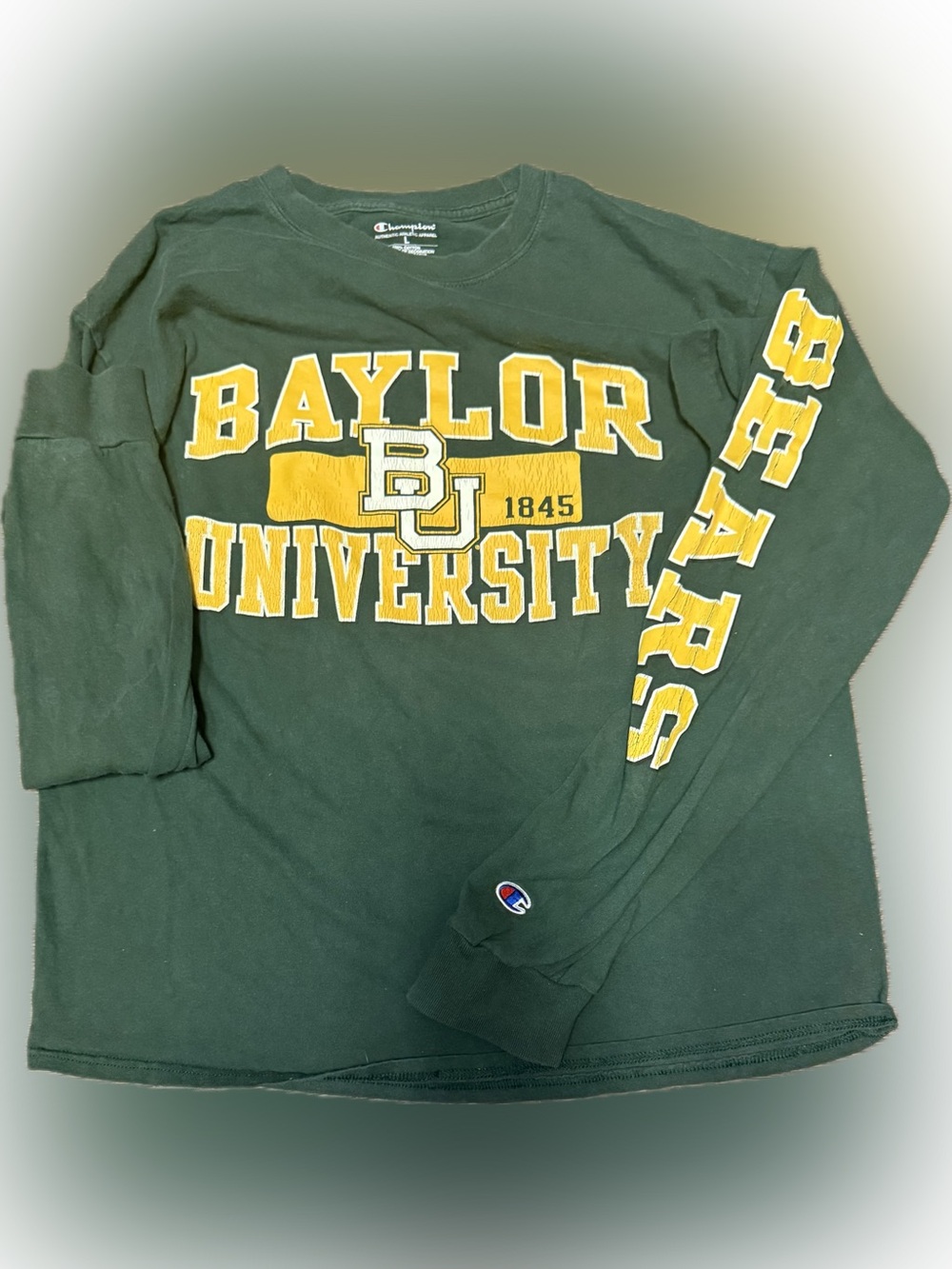 Champion Green Baylor University Distressed Long Sleeve Tee | Sz L